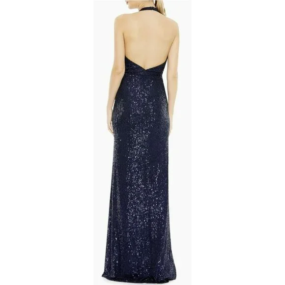 Mac Duggal Navy Sequins Halter Backless Maxi Formal Gown Dress Size 6 NEW - Picture 3 of 9